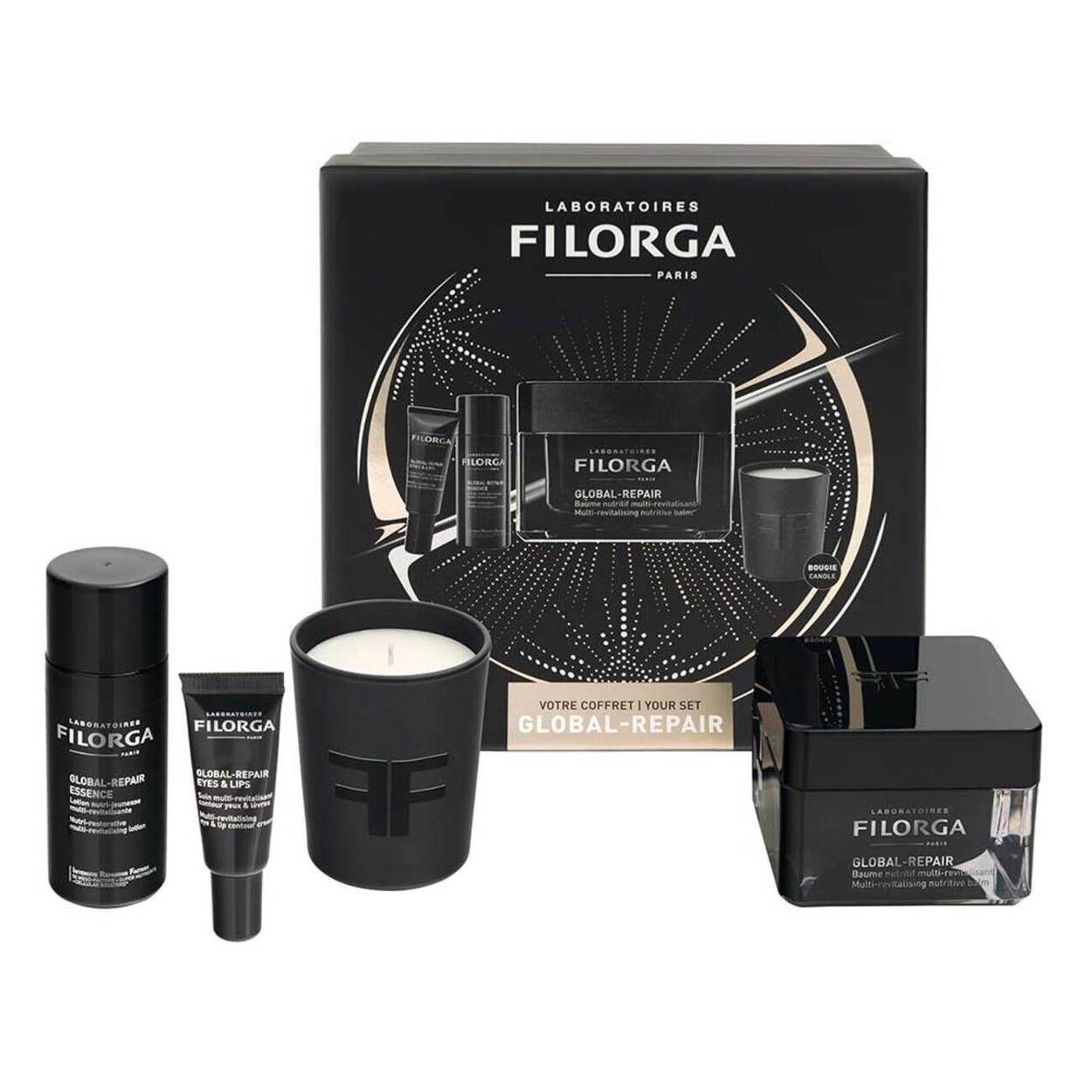 FILORGA XMAS BOX GLOBAL 2023 1 GLOBAL REPAIR BALM 50 ML + 1 GLOBAL REPAIR ESSENCE 50 ML + 1 GLOBAL REPAIE EYES & LIPS 4 ML + 1 MINI CANDLE - Farmaunclick.it
