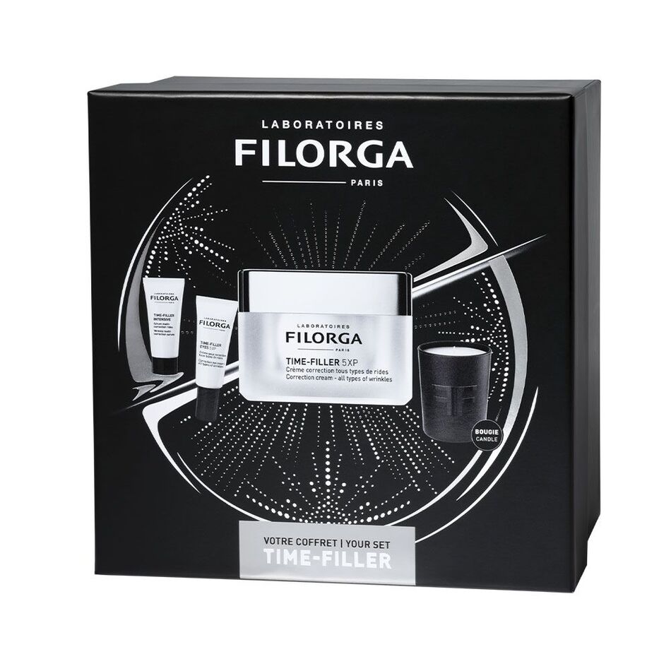 FILORGA XMAS BOX TIME 2023 1 TIME FILLER 5XP 50 ML + 1 TIME FILLER INTENSIVE 7 ML + 1 TIME FILLER EYES 5XP 4 ML + 1 MINI CANDLE - Farmaunclick.it