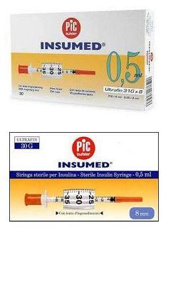 SIRINGA PER INSULINA PIC INSUMED 0,5 ML 100 UI AGO GAUGE 30 LUNGHEZZA 8 MM SENZA SPAZIO MORTO 3 SACCHETTI DA 10 PEZZI - Farmaunclick.it