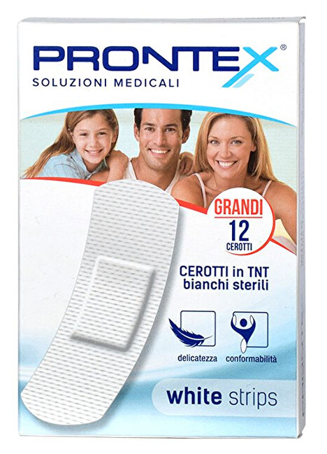 CEROTTO PRONTEX WHITE STRIPS IN TESSUTO NON TESSUTO BIANCO STERILE SCATOLA 12 CEROTTI GRANDI - Farmaunclick.it