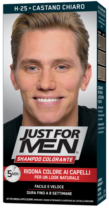 JUST FOR MEN SHAMPOO COLORANTE H25 CASTANO CHIARO ATTIVATORE CHIARO 38,5 ML + BASE COLORE 27,5 ML - Farmaunclick.it
