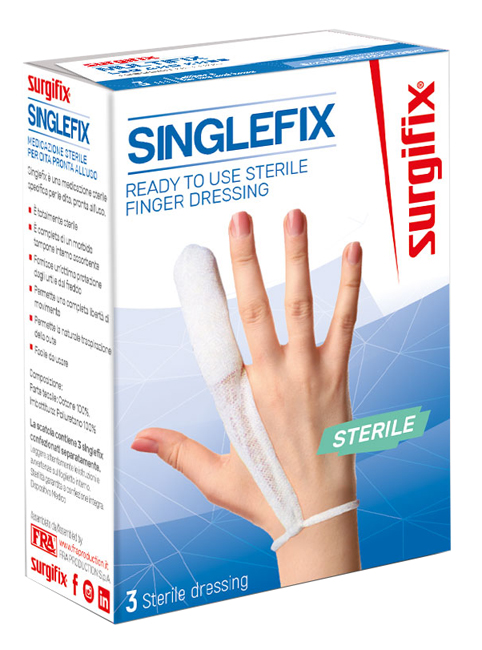 MEDICAZIONE STERILE PER DITO SINGLEFIX, COSTITUITA DA UNA GUAINA IN COTONE E DA UN'IMBOTTITURA INTERNA ASSORBENTE. SI APPLICA DIRETTAMENTE SULLA FERITA E SI FISSA AL POLSO - Farmaunclick.it