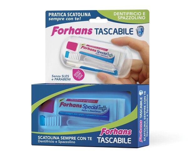 FORHANS TRAVEL KIT TASCABILE COMPOSTO DA SPAZZOLINO DA VIAGGIO + FORHANS SPECIAL PASTA DENTIFRICIA TUBETTO 12,5 ML - Farmaunclick.it