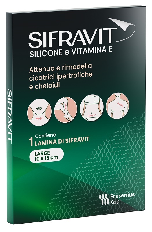 PLACCA IN SILICONE E VITAMINA E SIFRAVIT DIMENSIONI 15X10CM. INDICATA NEL TRATTAMENTO DI CHELOIDI E CICATRICI IPERTROFICHE CONSEGUENTI AD INTERVENTI C HIRURGICI, USTIONI, E FERITE - Farmaunclick.it