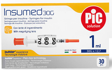 SIRINGA INSULINA PIC INSUMED 1 ML 100 UI AGO GAUGE 30 12,7 MM SENZA SPAZIO MORTO 30 PEZZI - Farmaunclick.it