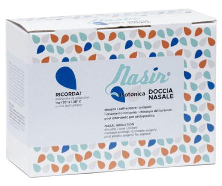NASIR DOCCIA NASALE CON SOLUZIONE FISIOLOGICA ISOTONICA 10 SACCHE 250 ML + 1 BLISTER - Farmaunclick.it