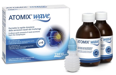 ATOMIX WAVE DISPOSITIVO PER IGIENE RINOFARINGEA ATOMIX SOLUZIONE SALINA 250 ML 2 PEZZI + TERMINALE NASALE + EROGATORE A SOFFIETTO - Farmaunclick.it