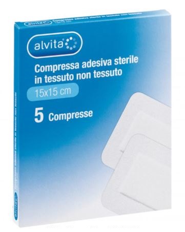 ALVITA GARZA COMPRESSA ADESIVA STERILE IN TESSUTO NON TESSUTO ESTENSIBILE BIANCO 15X15CM 5 PEZZI - Farmaunclick.it