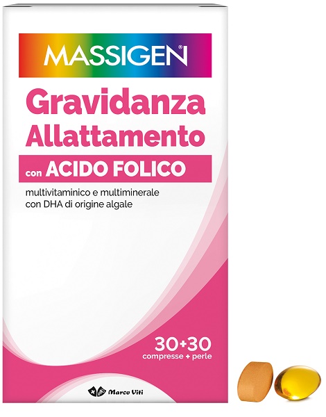 MASSIGEN GRAVIDANZA ALLATTAMENTO CON ACIDO FOLICO MULTIVITAMINICO E MULTIMINERALE 30 COMPRESSE RIVESTITE DA 1,1 G + 30 PERLE DA 700 MG - Farmaunclick.it