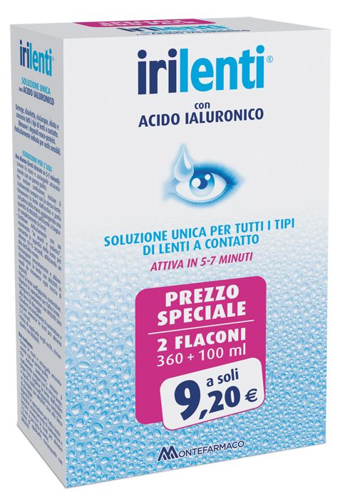 SOLUZIONE UNICA PER LENTI A CONTATTO IRILENTI CON ACIDO IALURONICO 2 FLACONI DA 360 ML + 100 ML - Farmaunclick.it
