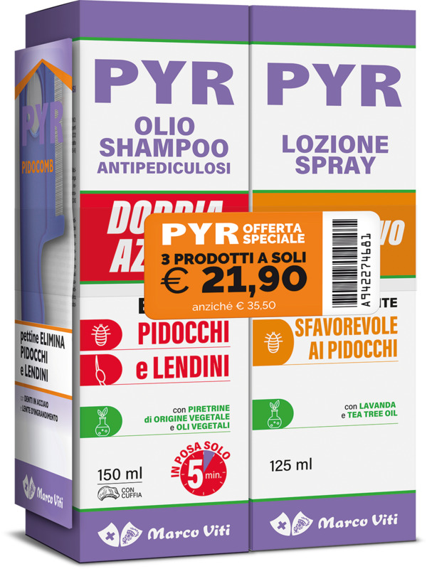 PYR ABB OLIO SHAMPOO ANTIPEDICULOSI + 1 OLIO SHAMPOO DOPPIA AZIONE + 1 LOZIONE SPRAY + 1 PETTINE LENDINI - Farmaunclick.it