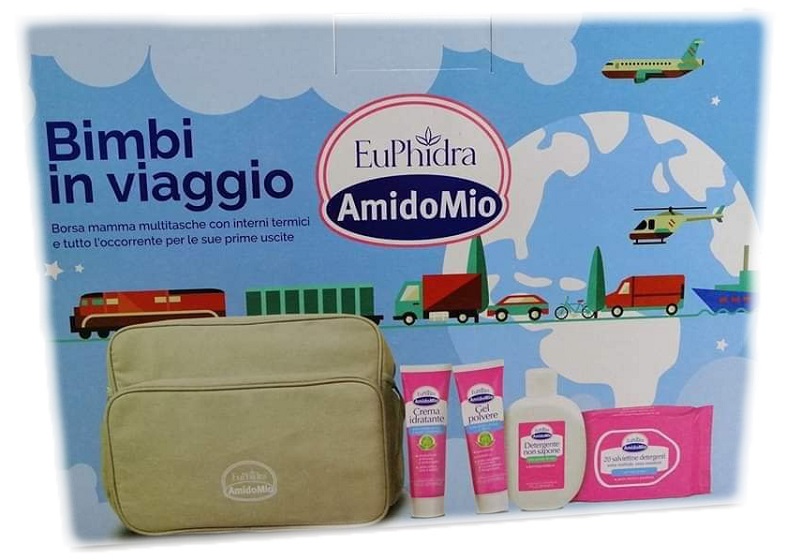 EUPHIDRA AMIDOMIO BORSA BIMBI VIAGGIO GEL POLVERE 50ML + DETERGENTE NON SAPONE 200ML + CREMA IDRATANTE 50ML + SALVIETTINE 20 PEZZI - Farmaunclick.it