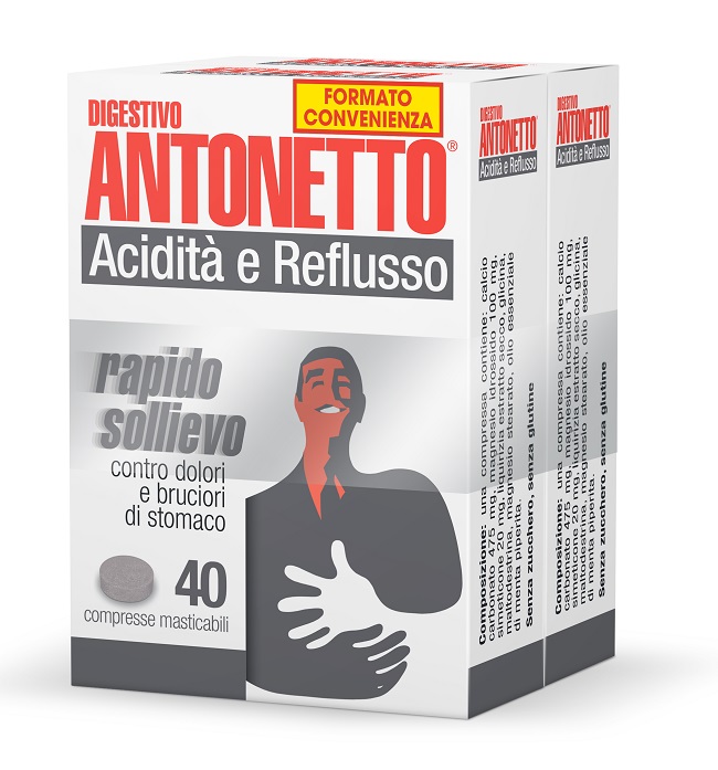 DIGESTIVO ANTONETTO ACIDITA' E REFLUSSO 80 COMPRESSE MASTICABILI 2 ASTUCCI DA 40 COMPRESSE - Farmaunclick.it