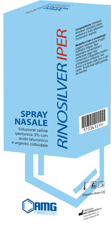 RINOSILVER SOLUZIONE SALINA IPERTONICA 3% CON ACIDO IALURONICO E ARGENTO COLLOIDALE SPRAY NASALE 20 ML - Farmaunclick.it