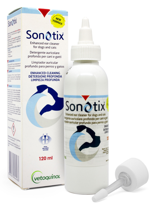 SONOTIX DETERGENTE AURICOLARE PROFONDO CANI E GATTI 120 ML + CANNULA CORTA RIGIDA + CANNULA LUNGA FLESSIBILE - Farmaunclick.it
