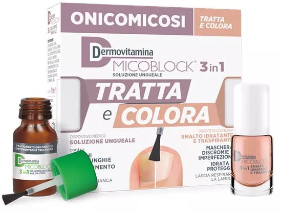DERMOVITAMINA MICOBLOCK 3 IN 1 TRATTA E COLORA SOLUZIONE UNGUEALE 7 ML + SMALTO IDRATANTE TRASPIRANTE 5 ML - Farmaunclick.it