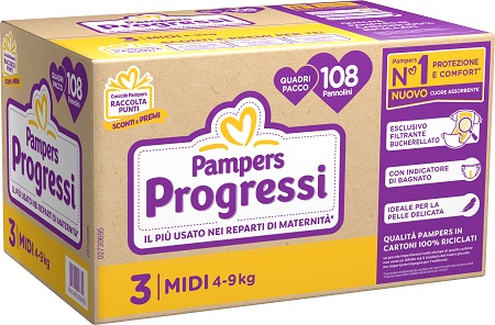 PANNOLINI QUADRIPACK PAMPERS PROGRESSI MIDI 108 PEZZI - Farmaunclick.it