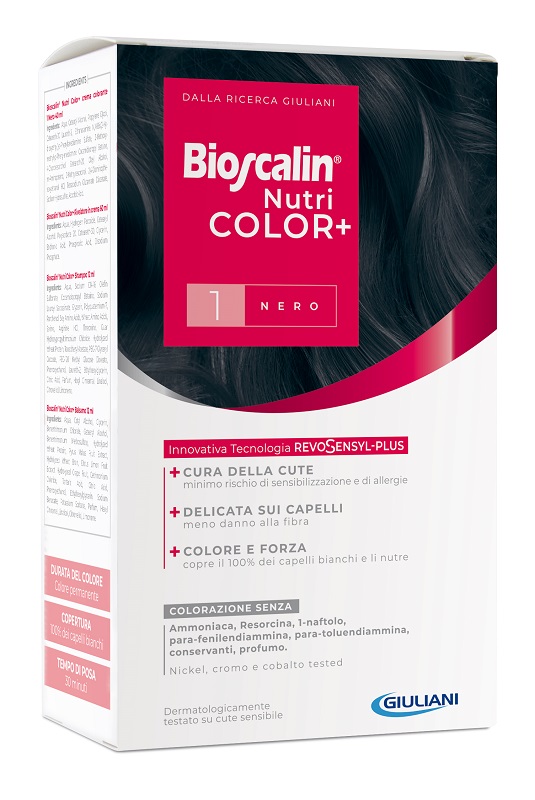 BIOSCALIN NUTRICOLOR PLUS 1 NERO CREMA COLORANTE 40 ML + RIVELATORE CREMA 60 ML + SHAMPOO 12 ML + TRATTAMENTO FINALE BALSAMO 12 ML - Farmaunclick.it