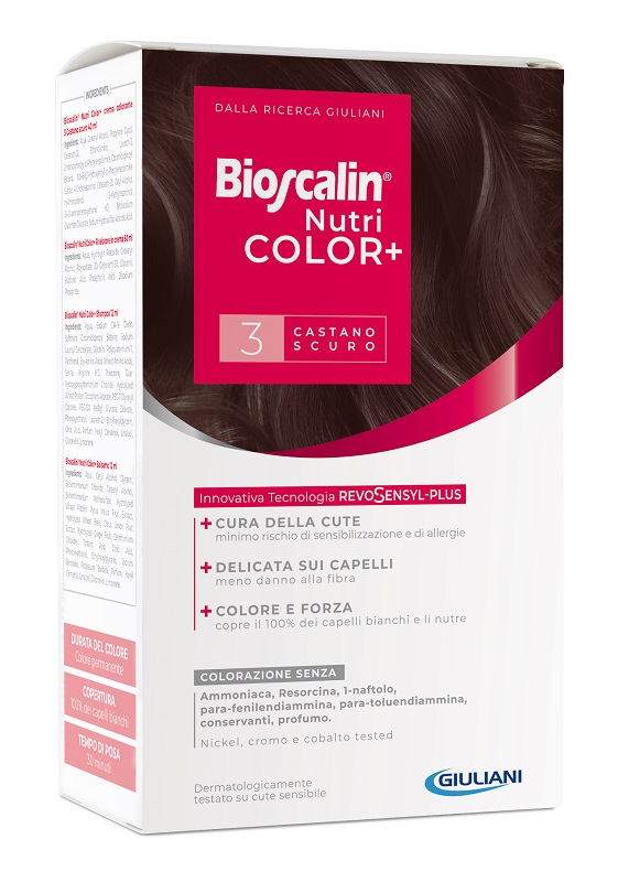 BIOSCALIN NUTRICOLOR PLUS 3 CASTANO SCURO CREMA COLORANTE 40 ML + RIVELATORE CREMA 60 ML + SHAMPOO 12 ML + TRATTAMENTO FINALE BALSAMO 12 ML - Farmaunclick.it