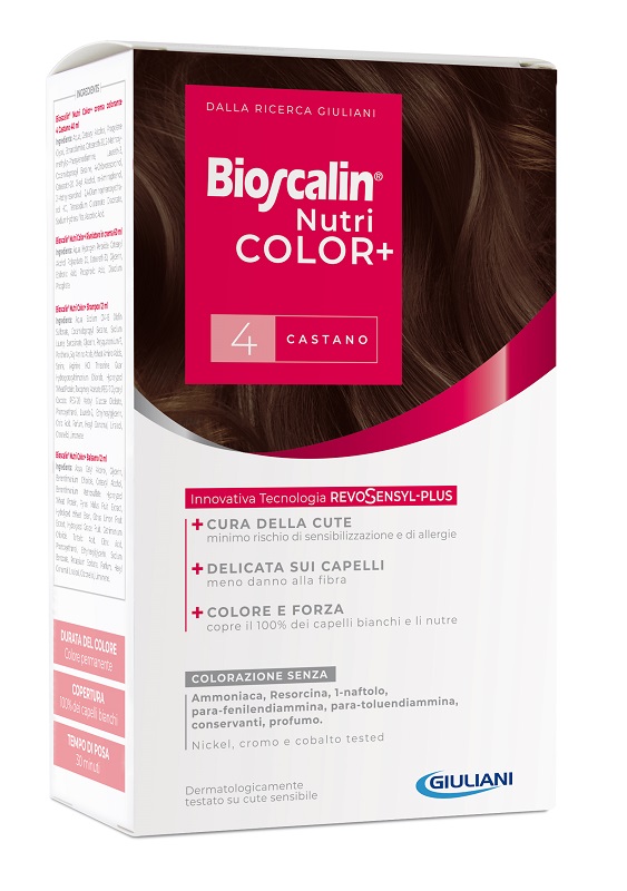 BIOSCALIN NUTRICOLOR PLUS 4 CASTANO CREMA COLORANTE 40 ML + RIVELATORE CREMA 60 ML + SHAMPOO 12 ML + TRATTAMENTO FINALE BALSAMO 12 ML - Farmaunclick.it