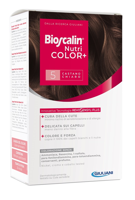 BIOSCALIN NUTRICOLOR PLUS 5 CASTANO CHIARO CREMA COLORANTE 40 ML + RIVELATORE CREMA 60 ML + SHAMPOO 12 ML + TRATTAMENTO FINALE BALSAMO 12 ML - Farmaunclick.it