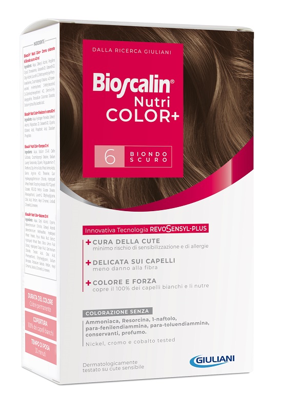 BIOSCALIN NUTRICOLOR PLUS 6 BIONDO SCURO CREMA COLORANTE 40 ML + RIVELATORE CREMA 60 ML + SHAMPOO 12 ML + TRATTAMENTO FINALE BALSAMO 12 ML - Farmaunclick.it
