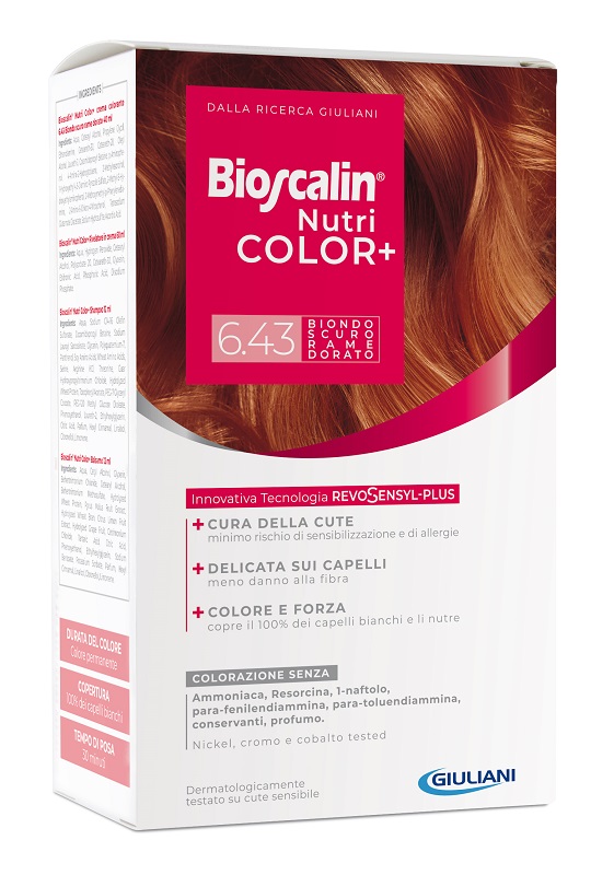 BIOSCALIN NUTRICOLOR PLUS 6,43 BIONDO SCURO RAME DORATO CREMA COLORANTE 40 ML + RIVELATORE CREMA 60 ML + SHAMPOO 12 ML + TRATTAMENTO FINALE BALSAMO 12 ML - Farmaunclick.it