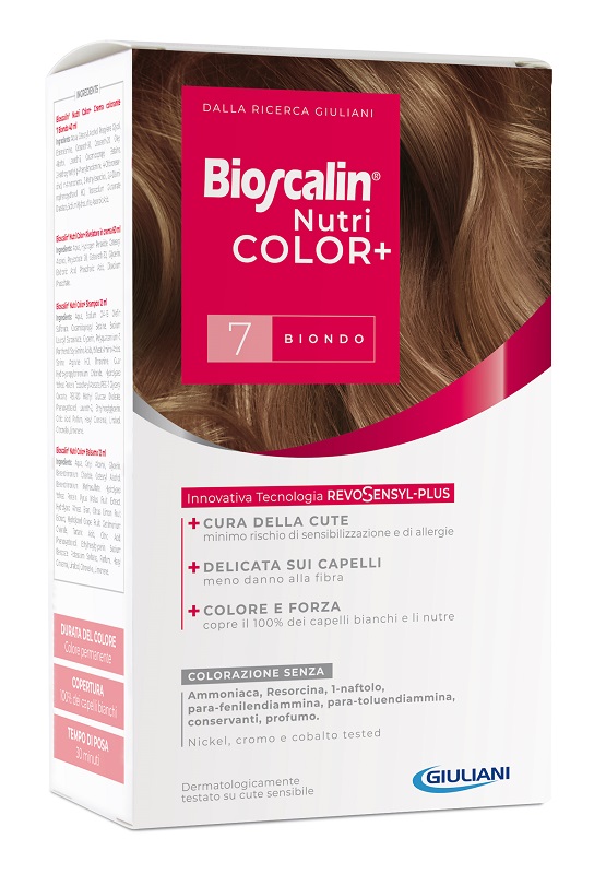 BIOSCALIN NUTRICOLOR PLUS 7 BIONDO CREMA COLORANTE 40 ML + RIVELATORE CREMA 60 ML + SHAMPOO 12 ML + TRATTAMENTO FINALE BALSAMO 12 ML - Farmaunclick.it