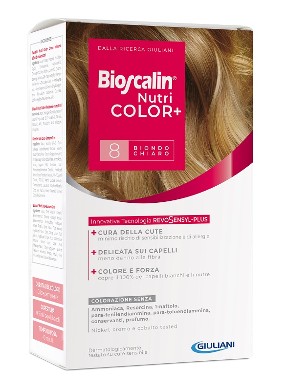 BIOSCALIN NUTRICOLOR PLUS 8 BIONDO CHIARO CREMA COLORANTE 40 ML + RIVELATORE CREMA 60 ML + SHAMPOO 12 ML + TRATTAMENTO FINALE BALSAMO 12 ML - Farmaunclick.it