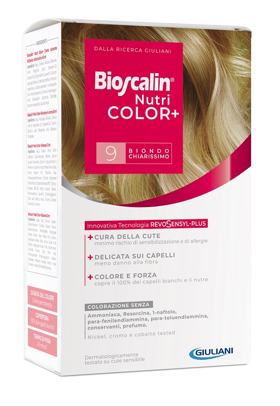 BIOSCALIN NUTRICOLOR PLUS 9 BIONDO CHIARISSIMO CREMA COLORANTE 40 ML + RIVELATORE CREMA 60 ML + SHAMPOO 12 ML + TRATTAMENTO FINALE BALSAMO 12 ML - Farmaunclick.it
