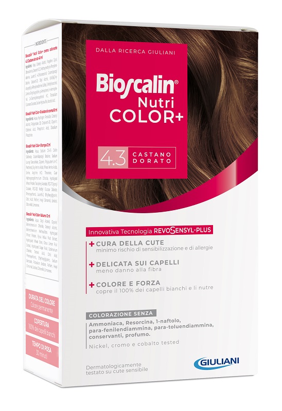 BIOSCALIN NUTRICOLOR PLUS 4,3 CASTANO DORATO CREMA COLORANTE 40 ML + RIVELATORE CREMA 60 ML + SHAMPOO 12 ML + TRATTAMENTO FINALE BALSAMO 12 ML - Farmaunclick.it