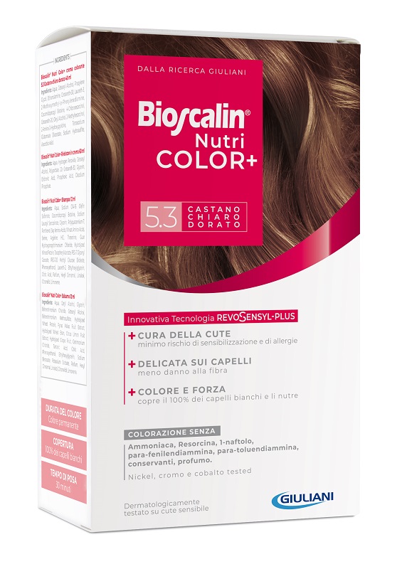 BIOSCALIN NUTRICOLOR PLUS 5,3 CASTANO CHIARO DORATO CREMA COLORANTE 40 ML + RIVELATORE CREMA 60 ML + SHAMPOO 12 ML + TRATTAMENTO FINALE BALSAMO 12 ML - Farmaunclick.it