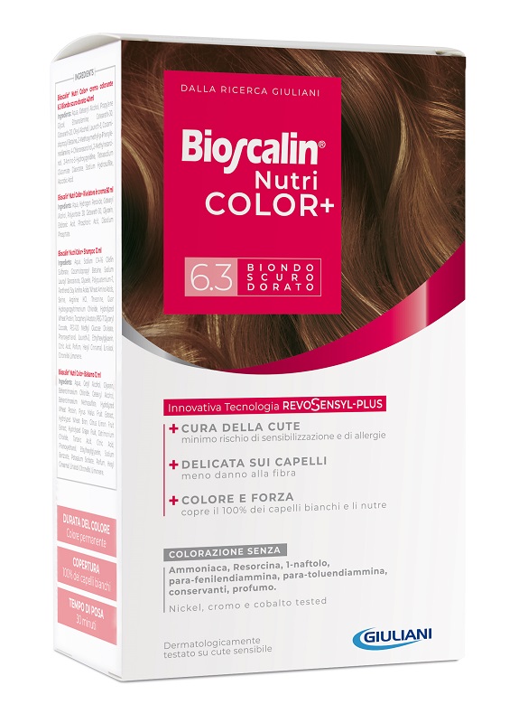 BIOSCALIN NUTRICOLOR PLUS 6,3 BIONDO SCURO DORATO CREMA COLORANTE 40 ML + RIVELATORE CREMA 60 ML + SHAMPOO 12 ML + TRATTAMENTO FINALE BALSAMO 12 ML - Farmaunclick.it