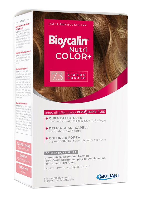 BIOSCALIN NUTRICOLOR PLUS 7,3 BIONDO DORATO CREMA COLORANTE 40 ML + RIVELATORE CREMA 60 ML + SHAMPOO 12 ML + TRATTAMENTO FINALE BALSAMO 12 ML - Farmaunclick.it