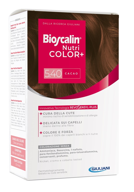 BIOSCALIN NUTRICOLOR PLUS 5,40 CACAO CREMA COLORANTE 40 ML + RIVELATORE CREMA 60 ML + SHAMPOO 12 ML + TRATTAMENTO FINALE BALSAMO 12 ML - Farmaunclick.it