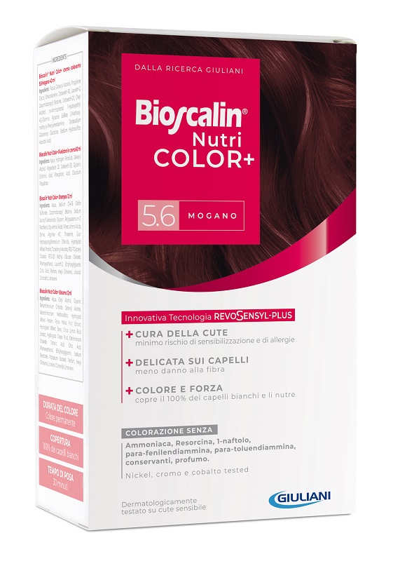BIOSCALIN NUTRICOLOR PLUS 5,6 MOGANO CREMA COLORANTE 40 ML + RIVELATORE CREMA 60 ML + SHAMPOO 12 ML + TRATTAMENTO FINALE BALSAMO 12 ML - Farmaunclick.it