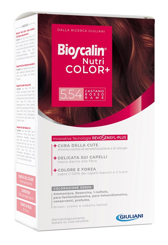 BIOSCALIN NUTRICOLOR PLUS 5,54 CASTANO ROSSO RAME CREMA COLORANTE 40 ML + RIVELATORE CREMA 60 ML + SHAMPOO 12 ML + TRATTAMENTO FINALE BALSAMO 12 ML - Farmaunclick.it