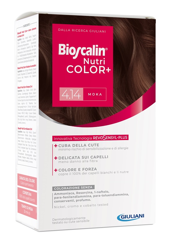 BIOSCALIN NUTRICOLOR PLUS 4,14 MOKA CREMA COLORANTE 40 ML + RIVELATORE CREMA 60 ML + SHAMPOO 12 ML + TRATTAMENTO FINALE BALSAMO 12 ML - Farmaunclick.it