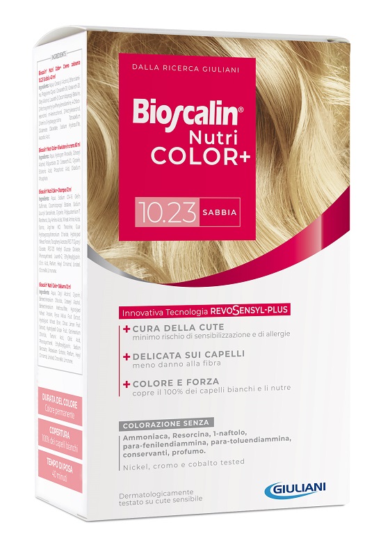 BIOSCALIN NUTRICOLOR PLUS 10,23 SABBIA CREMA COLORANTE 40 ML + RIVELATORE CREMA 60 ML + SHAMPOO 12 ML + TRATTAMENTO FINALE BALSAMO 12 ML - Farmaunclick.it
