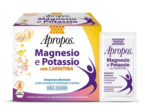 APROPOS MAGNESIO E POTASSIO CON CARNITINA 24 BUSTINE SOLUBILI DA 3,5 G GUSTO ARANCIA SENZA ZUCCHERI - Farmaunclick.it
