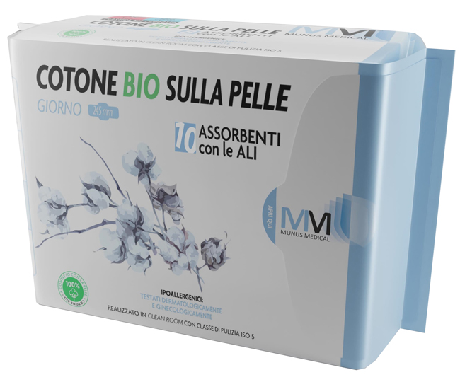 MUNUS MEDICAL ASSORBENTE GIORNO CON ALI COTONE BIO SULLA PELLE 245 MM 10 PEZZI - Farmaunclick.it