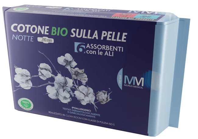 MUNUS MEDICAL ASSORBENTE NOTTE CON ALI COTONE BIO SULLA PELLE 290 MM 6 PEZZI - Farmaunclick.it