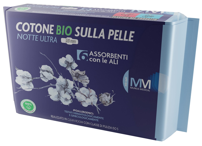 MUNUS MEDICAL ASSORBENTE NOTTE ULTRA CON ALI COTONE BIO SULLA PELLE 320 MM 6 PEZZI - Farmaunclick.it