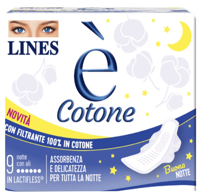LINES E' COTONE ALI ASSORBENTE ESTERNO NOTTE 9 PEZZI - Farmaunclick.it