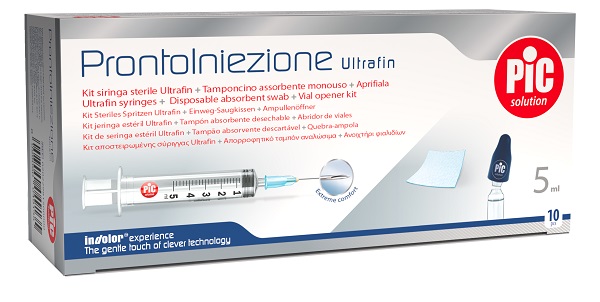 PRONTOINIEZIONE ULTRAFIN KIT SIRINGA STERILE 5 ML GAUGE 23 10 PEZZI + TAMPONCINO ASSORBENTE MONOUSO + APRIFIALA - Farmaunclick.it
